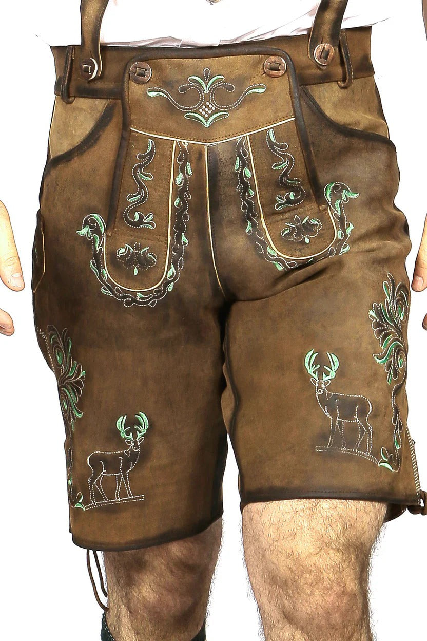 Men's Pure Brown Green Deer Motifs Lederhosen