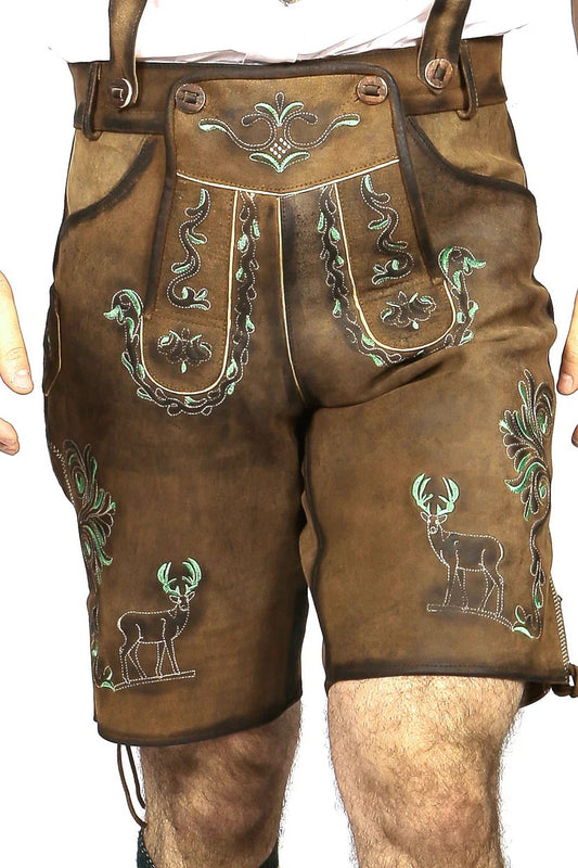 Men's Pure Brown Green Deer Motifs Lederhosen