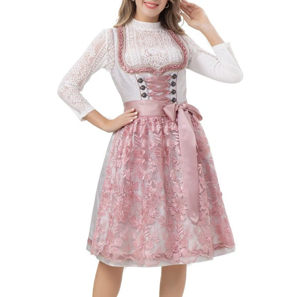 Woman wearing a traditional Bavarian dress with a white top and pink skirt on a white background