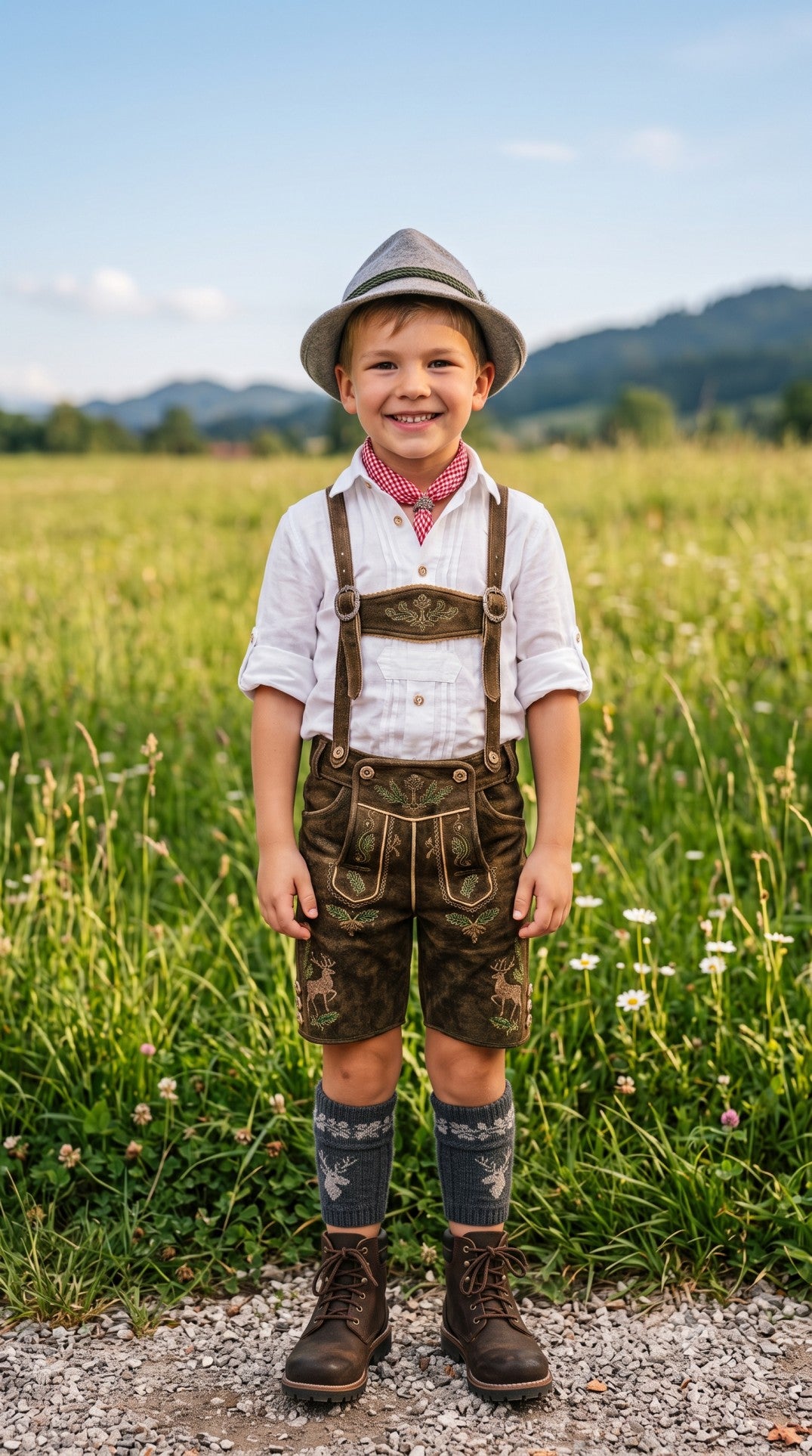 A young boy stands outdoors in a grassy field wearing traditional Bavarian-style clothing, including a white shirt, brown lederhosen with suspenders, a red-and-white patterned neckerchief, a gray hat, and dark socks and boots.