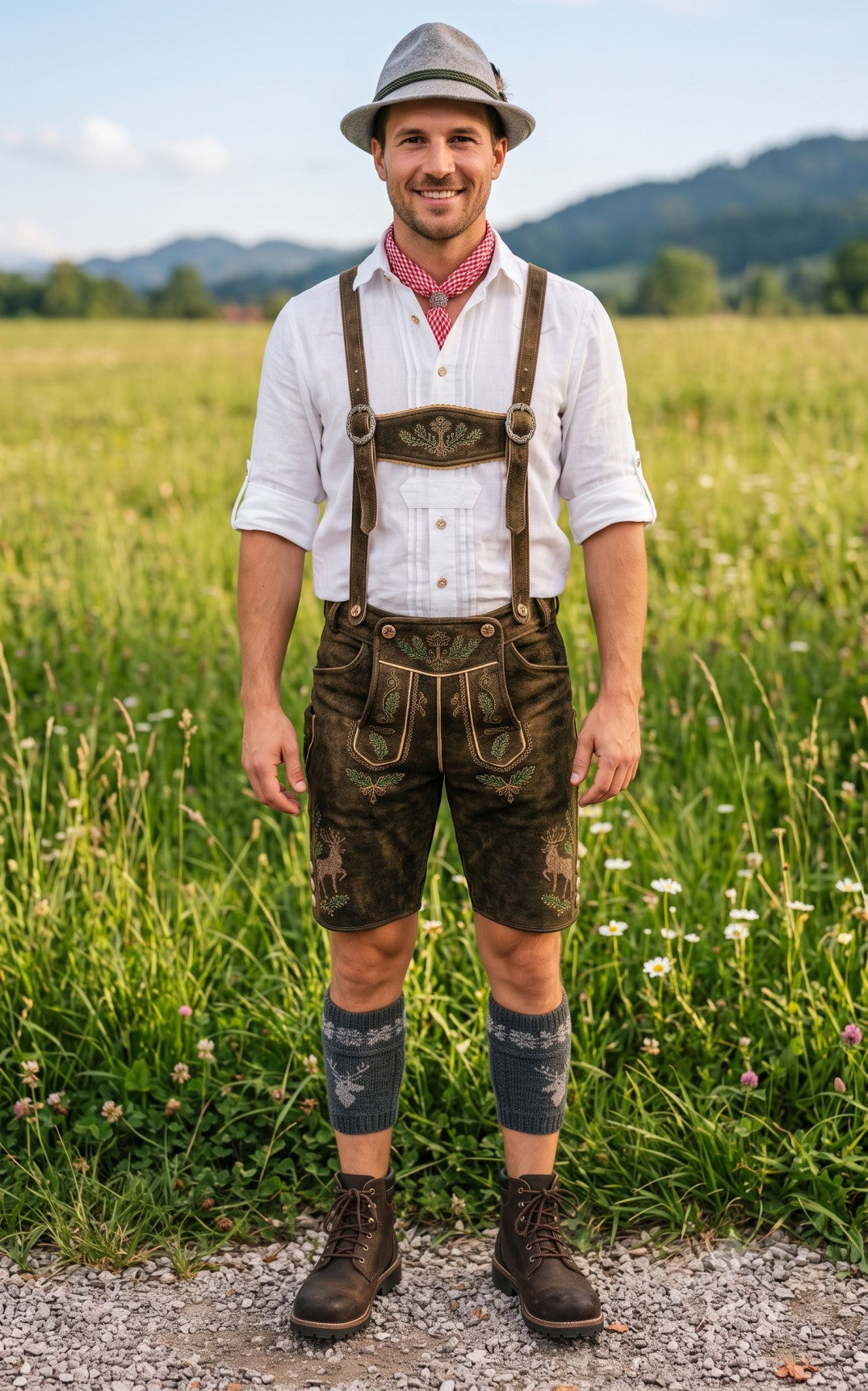 A man wearing traditional Bavarian attire, including a white shirt, brown leather suspenders and shorts, a red patterned neck gaiter, gray knee socks, and brown leather boots, standing in a lush green meadow with mountains in the background.