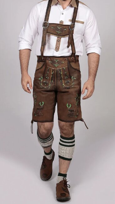 Men's Pure Brown Green Deer Motifs Lederhosen